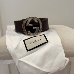 Gucci Brown Leather Men's Belt with Silver Double G Buckle